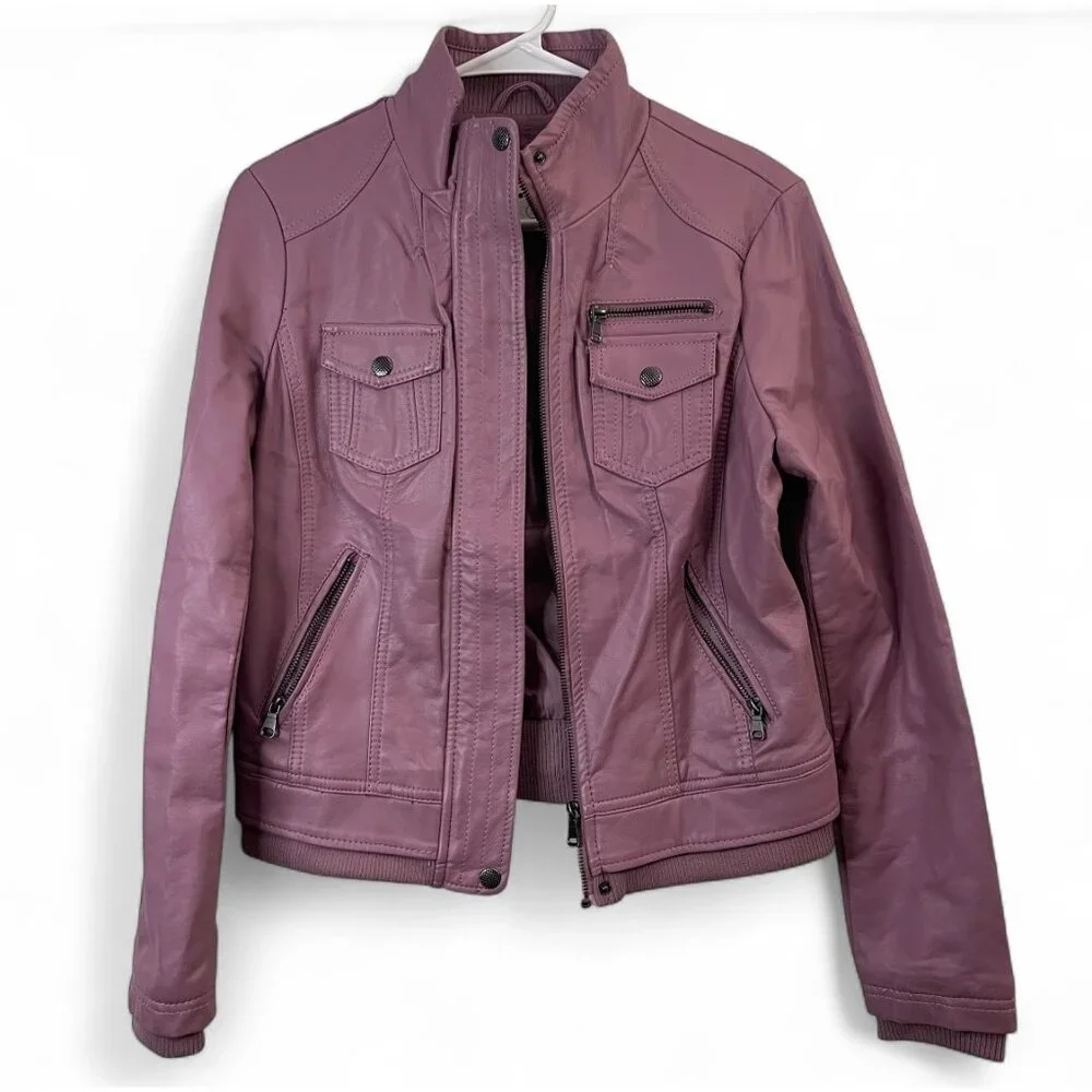 Womens Mauve Faux Leather Jacket With Zipper Pockets & Snap Closures Size S - Picture 1 of 10